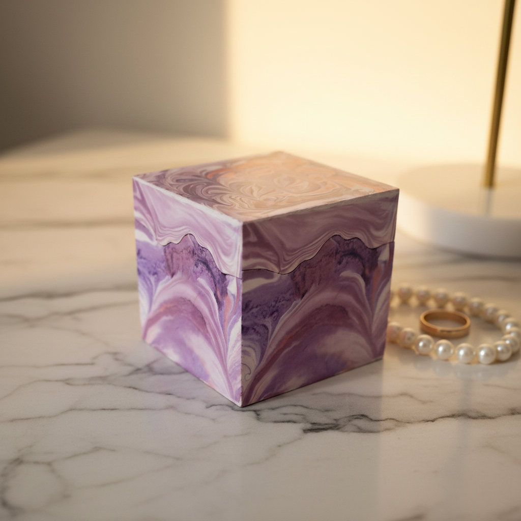 Boîte carré zigzag en éco-résine violette marbrée – vue fermée